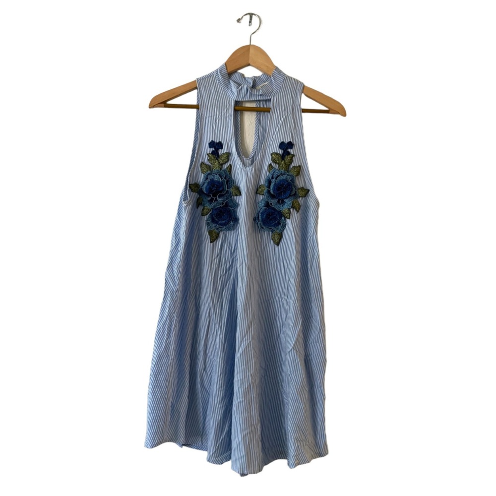 Blue White Stripe Floral Embroidered Keyhole‎ Mini Dress Sleeveless Z1501 Medium